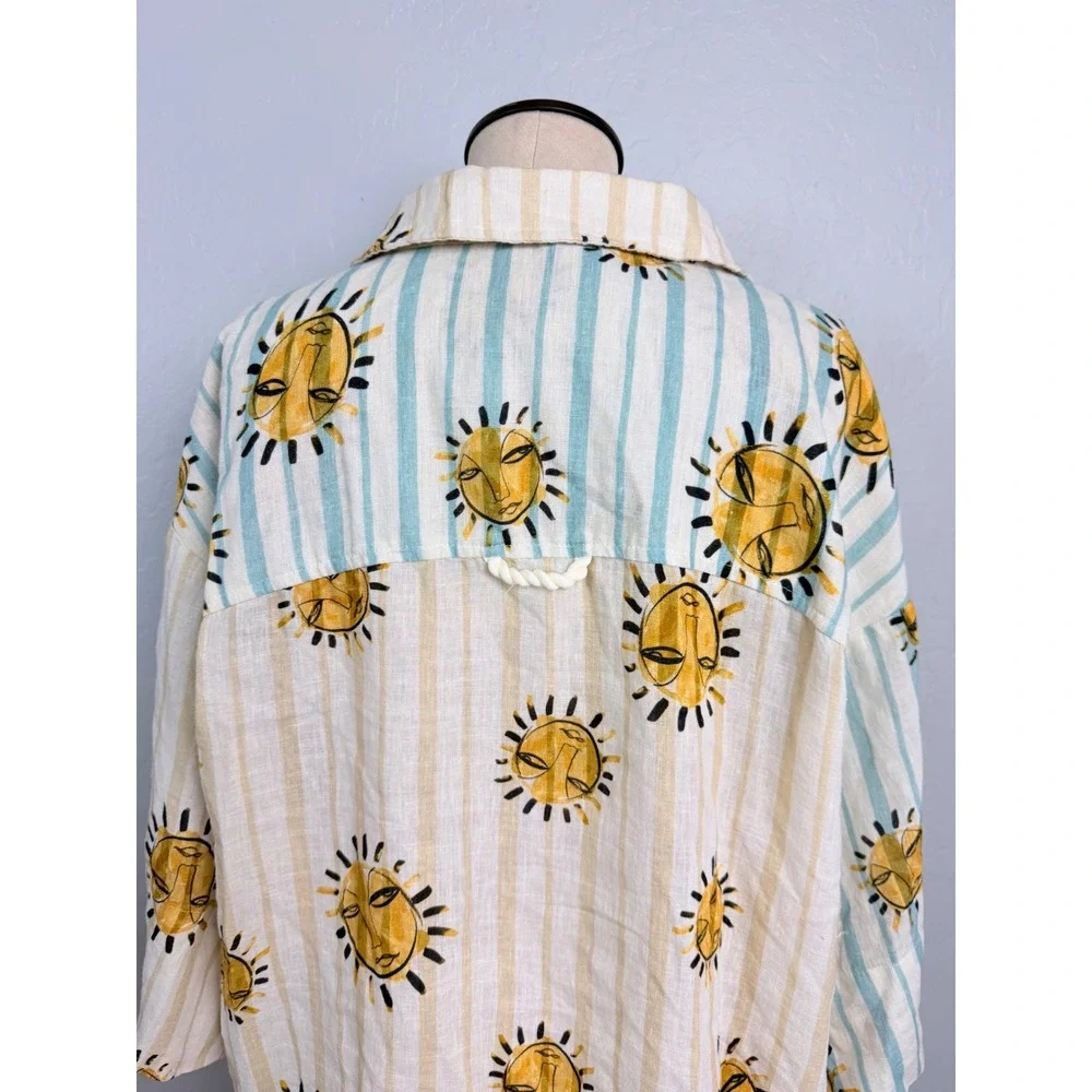 Anthropologie Sun Face Striped Linen Blend Button Down Shirt Blue‎ Yellow Small